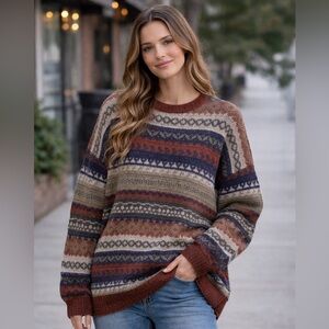 Vintage Fair Isle Striped Oversized Sweater XL Boho Grandpa Cozy Boyfriend Fit